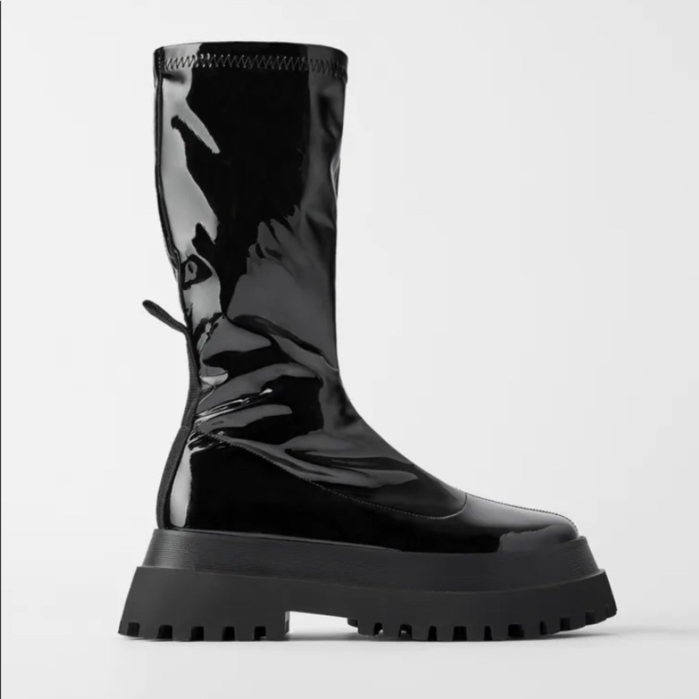 NEW ZARA Lug Sole Chunk Patent Stretch Ankle Boots